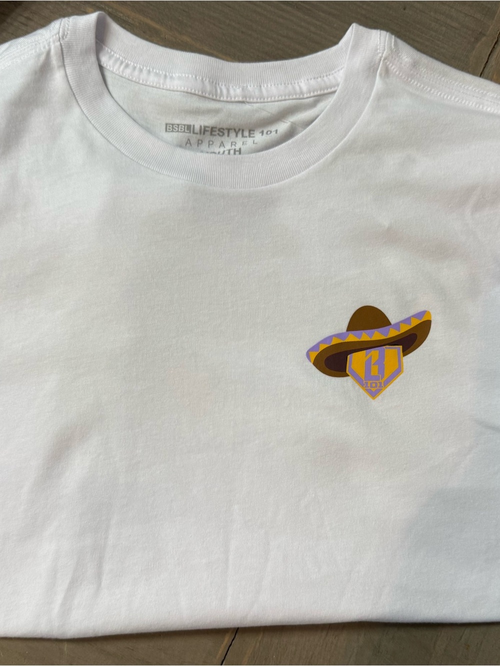 BSBL Lifestyle White Kids Short-Sleeve Tee with Brown & Purple Sombrero Graphic
